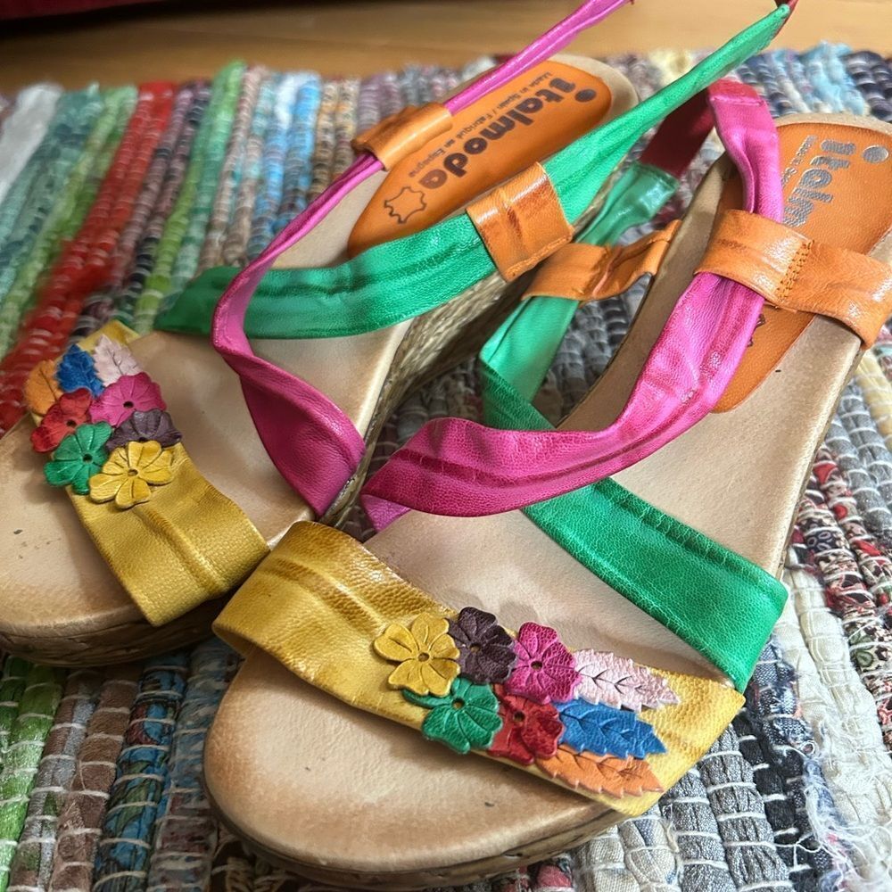 Vintage ITALMODA Multicolor Leather Strappy Colorful Wedge Heel Sandals Size 37